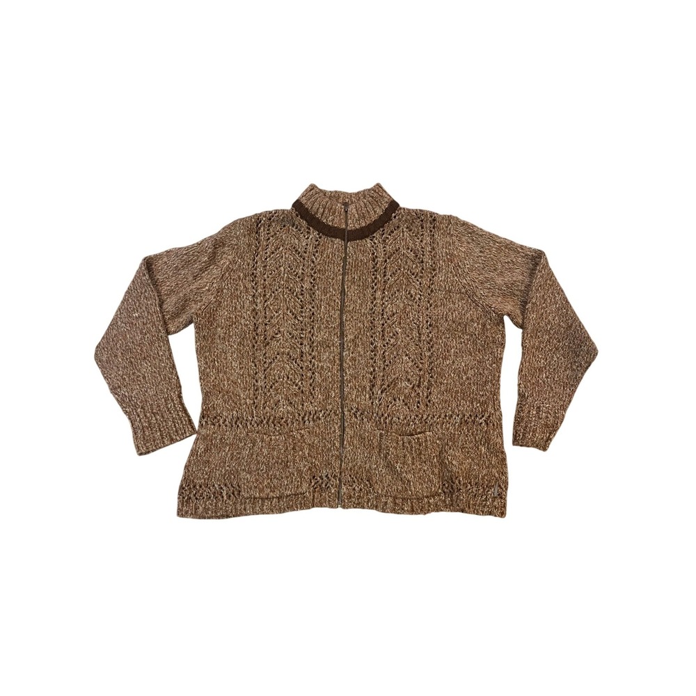 Woolrich Womens XL Brown‎ Marled Wool Blend Full Zip Cardigan Sweater Mock Neck
